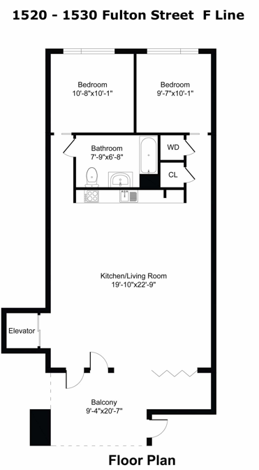 Floor plan for 2 beds, 1 bath, 826 sqft